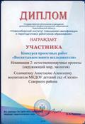 Диплом участника областного конкурса проектных работ "Воспитываем юного исследователя" номинация естественно научные проекты (окружающий мир, экология)